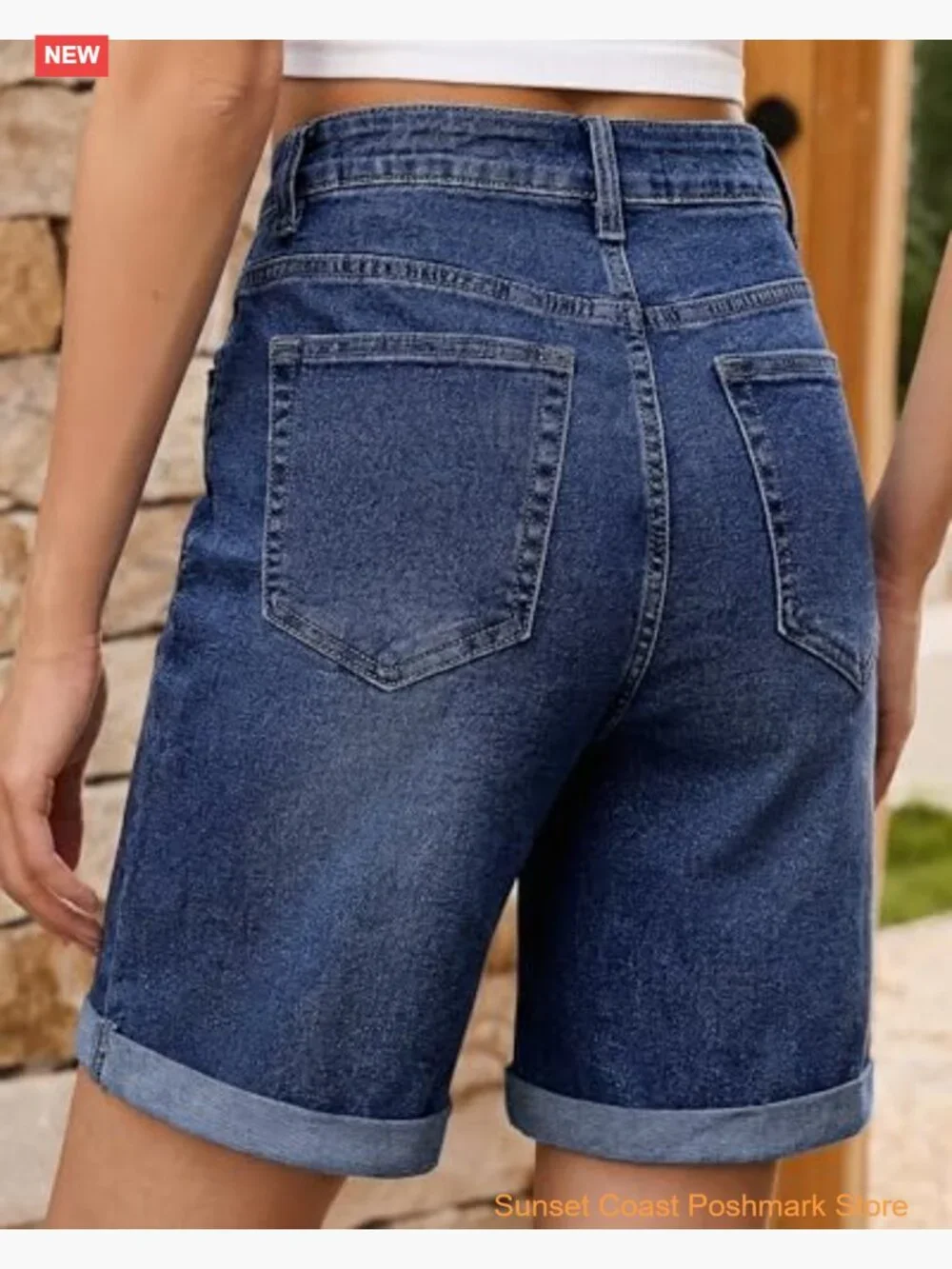 High Waisted Fold Hem Stretchy Denim Shorts 7 Inch Inseam Jorts - Picture 3 of 7